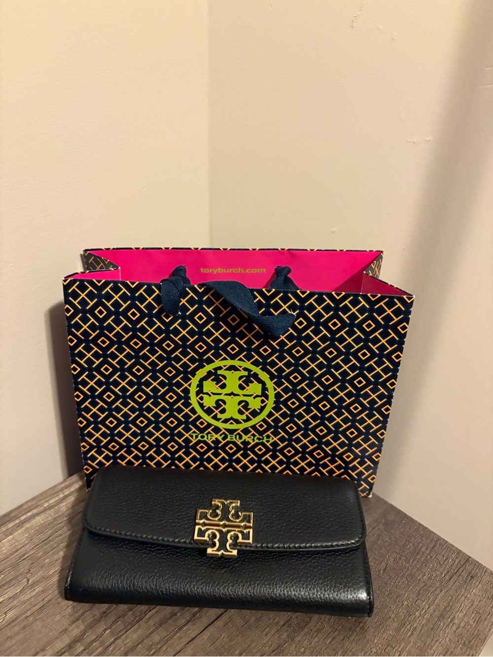 Tory Burch Black Leather Continental Wallet with Gold Emblem